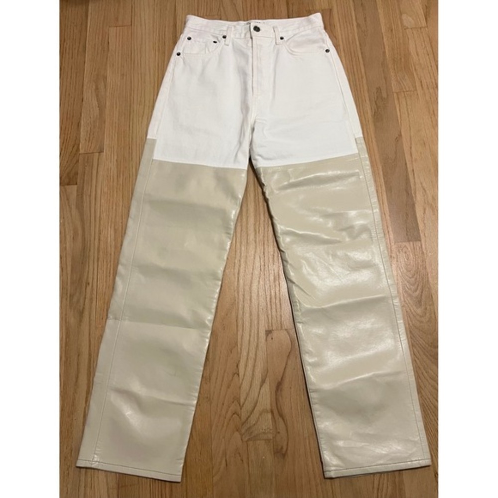 AGOLDE Two Tone White‎ Denim Leather Panel Pieced 90s' Pinch Waist Pants Size 25